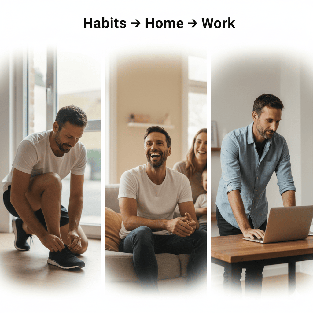 Same man shown in three scenes tying his shoes, relaxing with his family at home, and focused at a laptop illustrating how better habits shape his home and work life.