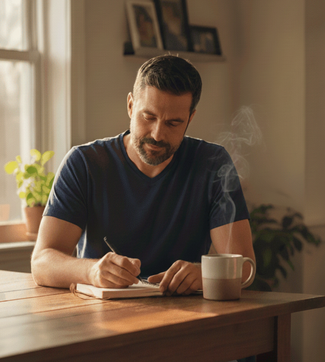 Man in his 40s sitting at a kitchen table, journaling with a coffee, reflecting on his life and habits at home.