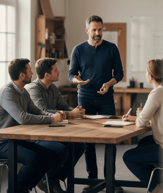 Man standing at the head of a table leading a small group meeting, modeling calm, confident leadership at work.