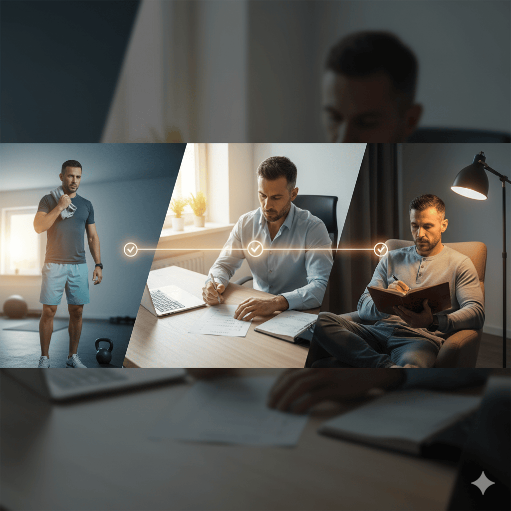 Collage of the same man exercising, working at a desk, and relaxing in the evening, overlaid on a desk where someone is writing in a notebook, symbolizing daily habits and key checkpoints.