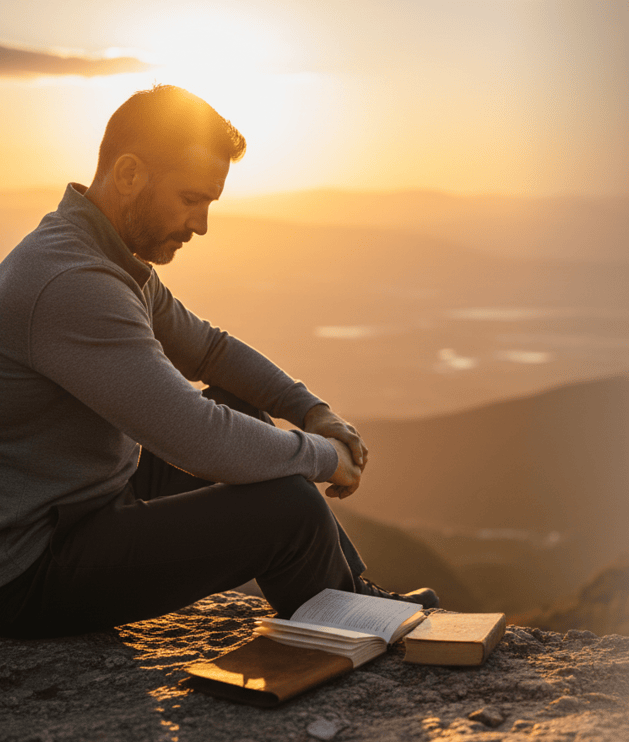 Man sitting quietly on a hillside at sunrise with a journal and a Bible beside him, reflecting and praying.