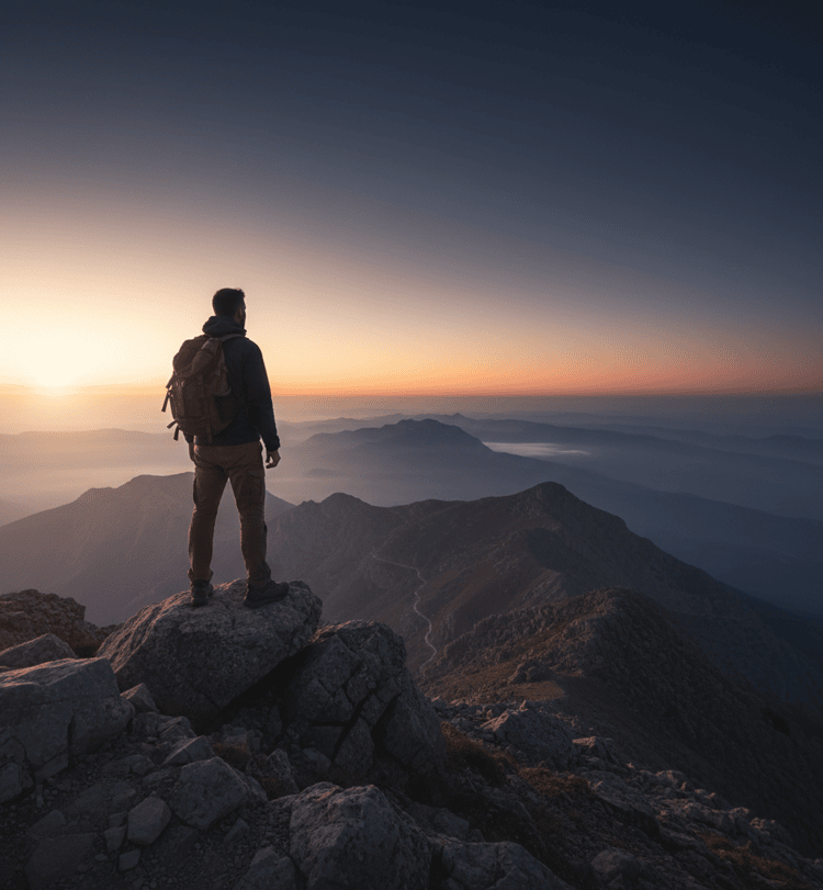 Man standing on a rocky mountain peak at sunrise, looking over distant ridges, symbolizing men answering the call to lead and climb higher in life.